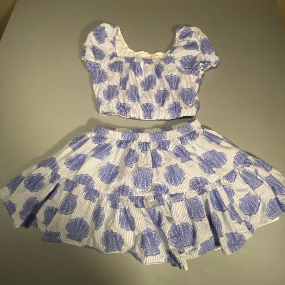 Happily Grey Kids Junior Blue White Shells Two-Piece Outfit Top Skirt Set‎ Girls
